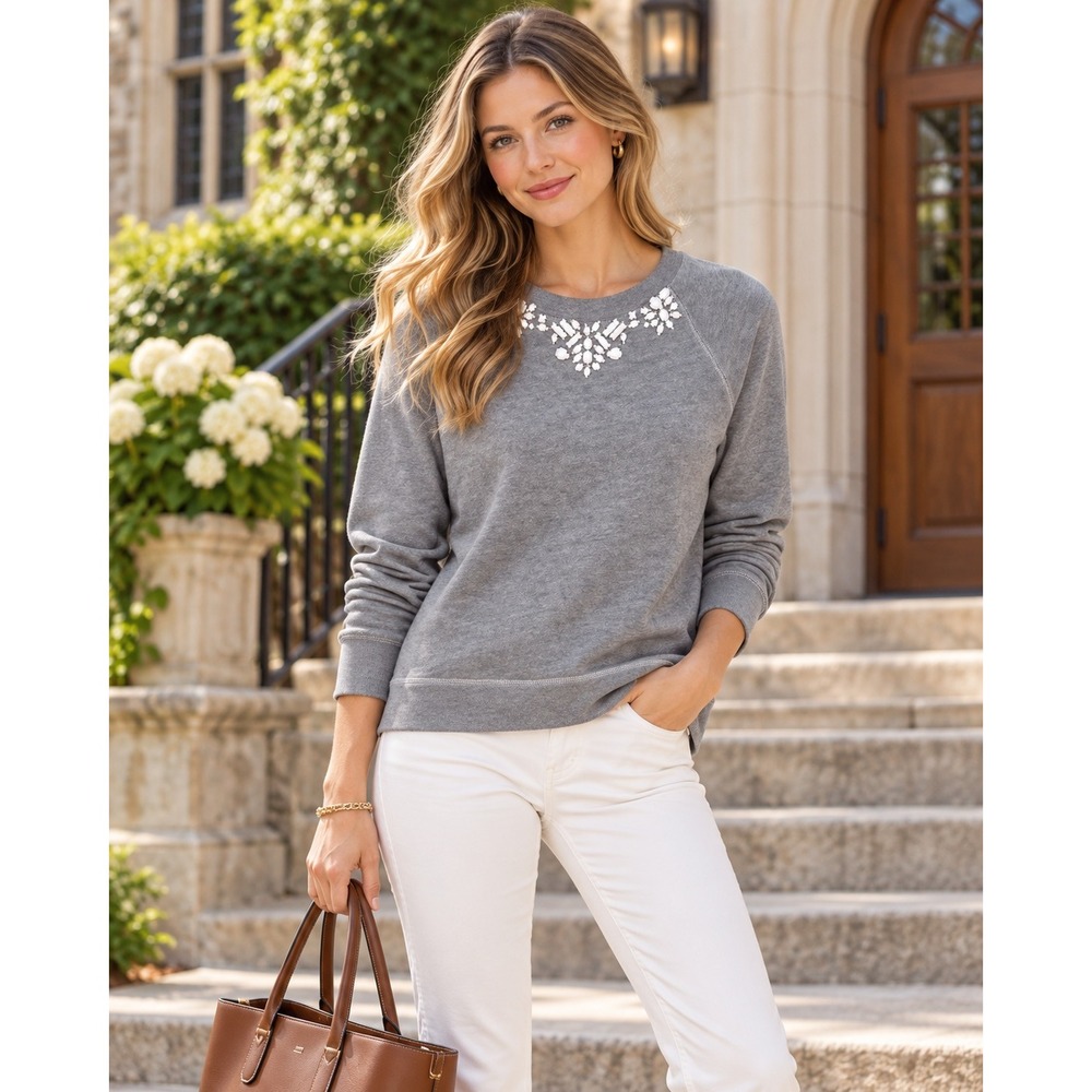 J.Crew Womens Gray Gemstone Embellished Cotton Sweatshirt B3460 Size S